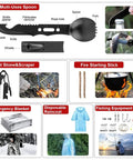 Image showing contents of a 251 Piece Survival Gear Kit With MOLLE Compatible Bag And Emergency Tent, featuring a multi-use spoon, flint stone, fire stick, blanket, raincoat, and fishing kit.