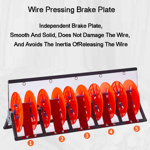Beefy Heavy Duty Wire Spool Rack Dispenser 1 2 3 4 5 Way Pay Off Organizer with five red spools and a wire pressing brake plate.