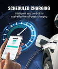 Level 1 And Level 2 Portable EV Charger With Plug-And-Play 28-Foot Cable shown with app for scheduled charging on a car
