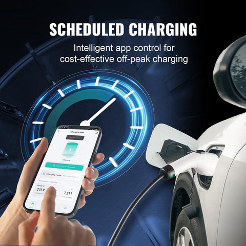 Level 1 And Level 2 Portable EV Charger With Plug-And-Play 28-Foot Cable shown with app for scheduled charging on a car
