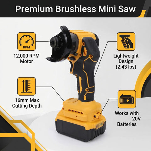 Kickass 3 Inch Brushless Mini Circular Saw With 12000 RPM And 3 Speed Settings, Doubles As An Angle Grinder For Wood Metal Tile And Plastic, Packs 16 mm Cutting Depth And US Plug with lightweight design and battery compatibility.
