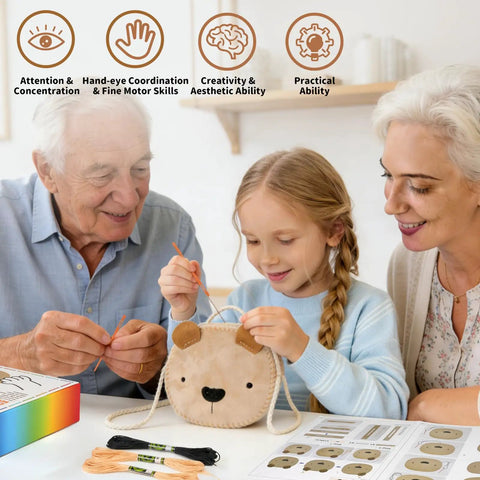 Child assembling Little Bear DIY Sewing Kit with grandparents, featuring plush bear bag and sewing accessories for beginners aged 6 to 12.