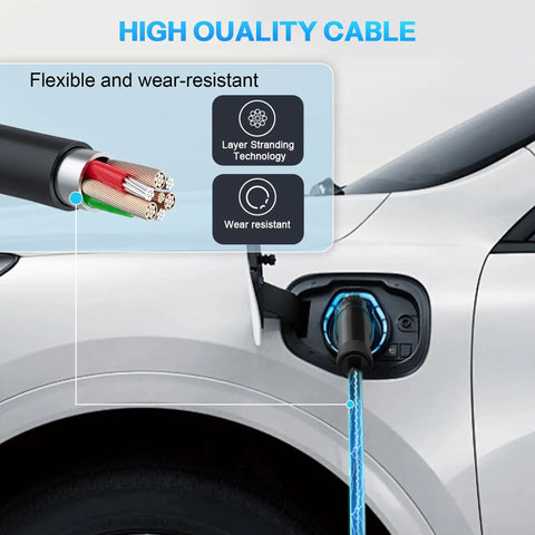 Portable J1772 EV Charger Level 1 And 2 with 25Ft Cable for Outdoor Use 16A, connected to a car, high-quality wire illustration.