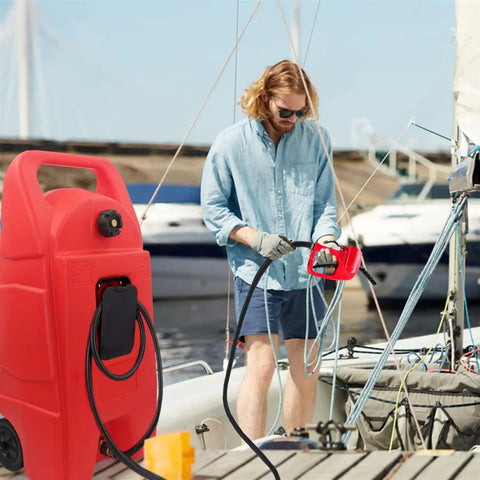 Man using 34 Gallon Fuel Caddy With Portable Design Manual Transfer Pump And 10 Ft Delivery Hose On Wheels Diesel And Gas Storage for Boats
