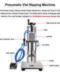 Heavy Duty Pneumatic Vial Crimper Machine For Aluminum Plastic Bottles Semi Automatic Sealer with adjustable foot switch and rotary handle.