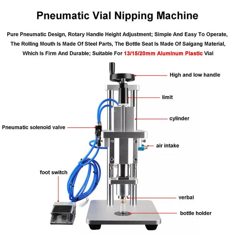 Heavy Duty Pneumatic Vial Crimper Machine For Aluminum Plastic Bottles Semi Automatic Sealer with adjustable foot switch and rotary handle.