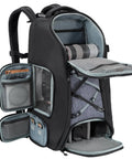 30L Camera Backpack With Rain Cover And 16 Inch Laptop Compartment Built For Travel Holds Canon Nikon Sony DJI Mavic Drone Gear With Customizable 3 Tier Interior And Quick Access Sides The Go To Bag For Every Shoot shown open with compartments and gear