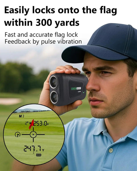 Golfer using Dope Golf Range Finder With Slope 1200 Yard Range 6X Magnification Magnetic Mount Pin Lock on course with display screen view