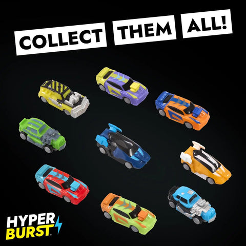 Nine micro scale cars from Dope Orange Axion Battle Racer Car And Launcher Set, showcasing various vibrant designs on black background.