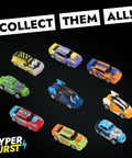 Collection of colorful Hyper Burst micro cars, including Battle Racers Green Storm Micro Scale Car With Launcher, on display.