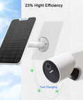 4W Solar Panel Charger For Outdoor Security Cameras With 13.1 Ft Waterproof Cable IP65 Weatherproof No Battery Hassle Secure Wall Mount And Easy 360 Degree Adjustability White shown charging a security camera