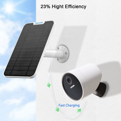 4W Solar Panel Charger For Outdoor Security Camera No Battery Or Power Brick Needed IP65 Weatherproof With 13.1 Foot Micro USB Cable And Secure Wall Mount Included White shown mounted on a wall next to a security camera