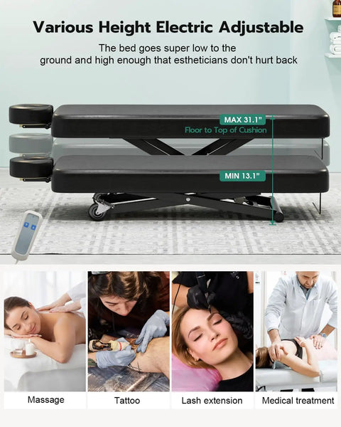 Paddie Flat Electric Lift Massage Table Professional Spa Bed With 6.7 Inch Memory Foam Adjustable Face Cradles And Rolling Wheels Black height adjustable for versatile use