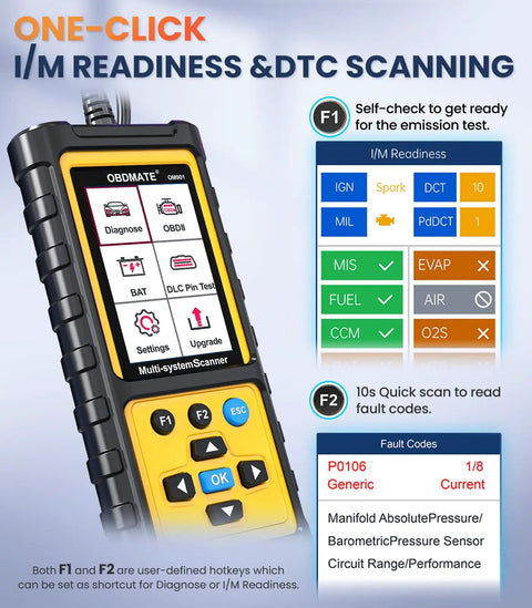 Display of OBD2 Scanner For ABS SRS And Transmission With Full OBDII Functions showing menu and quick scan options