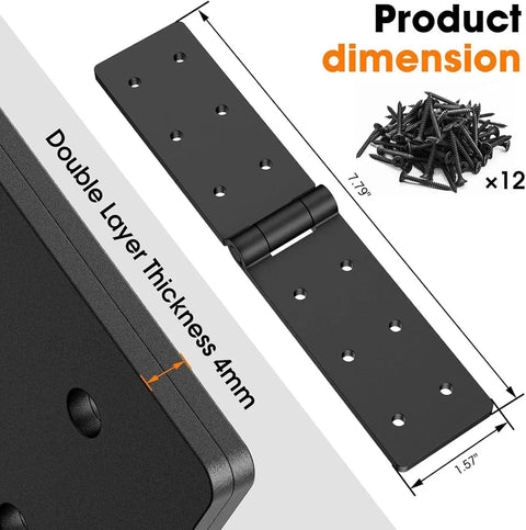 Badass Heavy Duty Gate Hinges With 270 Degree Swing Rotation For Outdoor Wood Fences Sheds Barn Doors And Security Gates Weather Resistant Steel 2 Pack Black close-up showing dimensions and screws.