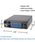 Heavy Duty 80W Ham Radio For Truckers And Road Warriors with 10 Meter Mobile Rig, interface display, measurements labeled.