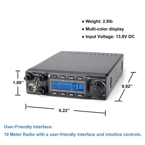 Heavy Duty 80W Ham Radio For Truckers And Road Warriors with 10 Meter Mobile Rig, interface display, measurements labeled.