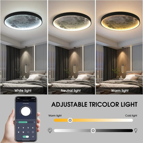 Moon Design Flush Mount Led Ceiling Light Fixture With Remote Dope Vibe Dimmable 50W showing tricolor light modes in a bedroom.