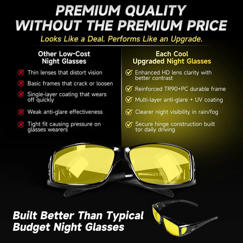 Two night driving glasses with yellow lenses and glossy black frames; fits over regular glasses