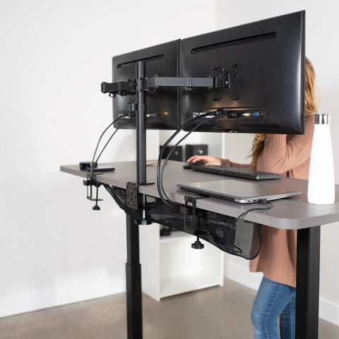 Standing desk with No Drill Clamp-On 36 Inch Mesh Under Desk Cable Management System for Home Office, dual monitors, tidy cables.