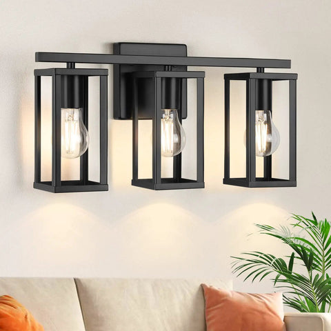 3 Light Farmhouse Vanity Light With Metal Cage In Black Anti Rust Wall Lamp for living room, modern industrial style