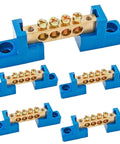 Brass Terminal Bus Bar 4 Position Blue Set Of 5 With Polycarbonate Shell High Strength And Wear Resistant For Distribution Box Use M4 Screw Size Compact 71 By 15 By 21 Mm, blue 4-terminal bus bar set