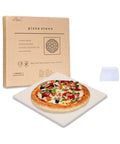 12 Inch Square Pizza Stone For Grill And Oven Premium Cordierite Bake Stone with pizza on top, packaging visible in background