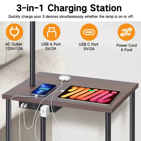 Floor Lamp With Built In Table And Shelf End Table With Lamp Attached For Bedroom Or Living Room Type C Charging Port AC Outlet Remote Dimmer Four Color Lighting Options
