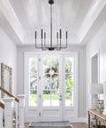 Black Farmhouse Chandelier With 6 Lights, 26.1 Inch Wide Adjustable Height Rustic Hanging Light Fixture in entryway.
