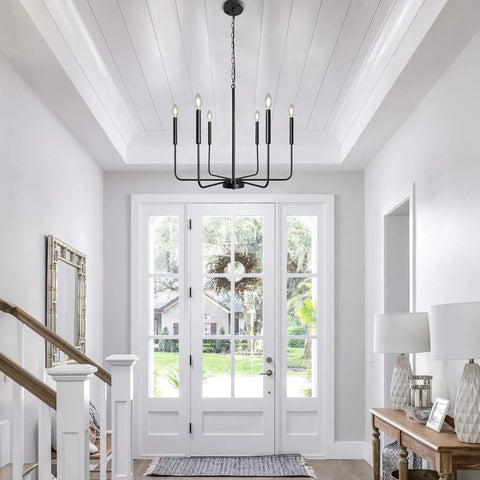 Black Farmhouse Chandelier With 6 Lights, 26.1 Inch Wide Adjustable Height Rustic Hanging Light Fixture in entryway.
