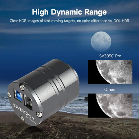 Product image showing 2MP IMX662 Telescope Camera with USB 3.0 and HDR comparison under moonlight.