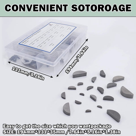 164-piece carbon steel Woodruff key set in clear plastic organizer with 17 sizes.