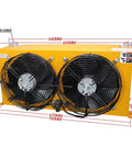 Pro Grade Hydraulic Oil Cooler And Heat Exchanger With Dual Fans DC24V, showing front view with measurements, heavy duty.