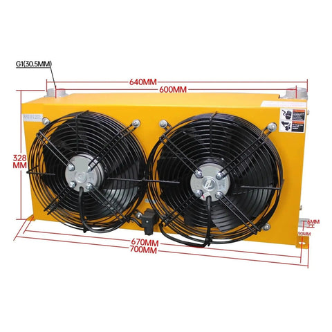Pro Grade Hydraulic Oil Cooler And Heat Exchanger With Dual Fans DC24V, showing front view with measurements, heavy duty.