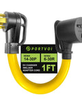 Heavy Rated 30 Amp Nema 14-30P To 6-30R Welder Adapter Cord 1 Foot with yellow cable and detailed connectors.
