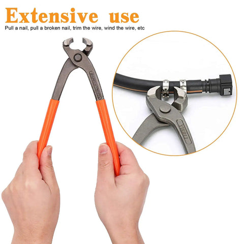 Hands holding pincer included in 125 Piece 7 To 21mm Single Ear Hose Clamps Kit In 304 Stainless Steel, shown with hose clamp application.