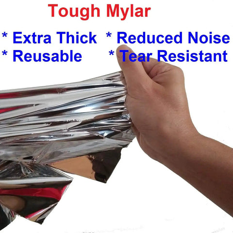 Hand holding tough Mylar material with text 'Extra Thick, Reusable, Reduced Noise, Tear Resistant' for Emergency Survival Sleeping Bags 2 Pack For Cold Weather Camping And Outdoor Rescue Mylar Thermal Bivy Sack With Portable Blanket Ultra Lightweight Heat Reflective Gear For All Seasons And Emergencies.