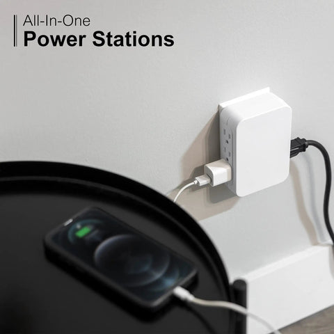 Six Outlet Surge Protector Wall Tap Extender With Side Access Design For Tight Spots, 1200 Joules, 3 Prong Grounded Outlets, UL Listed, White, Great For Home Office And Entertainment Setups