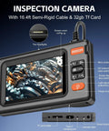 1920P HD Dual Lens Borescope Camera With Light And 4 Point 3 Inch LCD Screen showing gears, buttons labeled, 32GB card slot visible