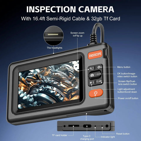 1920P HD Dual Lens Borescope Camera With Light And 4 Point 3 Inch LCD Screen showing gears, buttons labeled, 32GB card slot visible