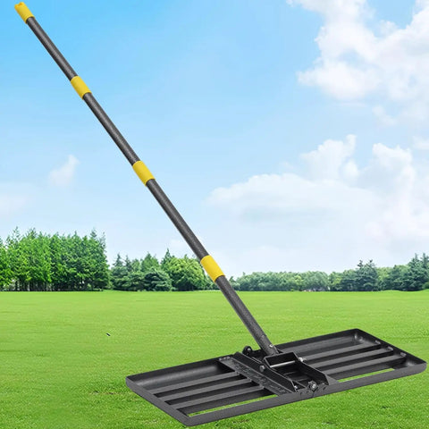 Heavy Duty Lawn Leveling Rake With 30 By 10 Inch Foldable Leveler Plate And 6 Foot Adjustable Handle on grass