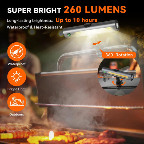 Magnetic LED Grill Light For Outdoor Grills Tool Free Mount showing bright light on grill with waterproof and heat-resistant features.