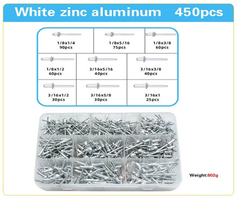 Aluminum Blind Pop Rivet Assortment Kit For Sheet Metal Boats And Furniture Projects In One Eighth, Five Thirty Second And Three Sixteenth Inch Sizes Pro Grade DIY Friendly Easy Install Durable Fixes, 450-piece tray