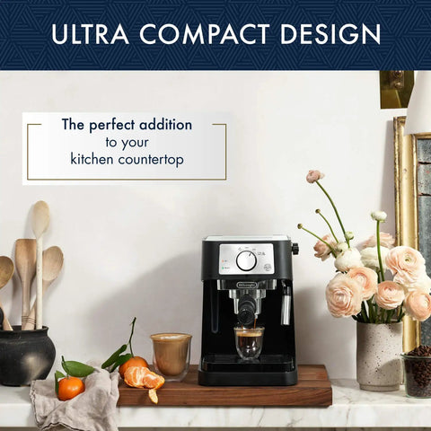 At Home Barista Style Manual Espresso Machine With 15 Bar Pump, Compact Coffee Maker, on kitchen counter with decor