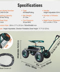 Specifications of Green Garden Cart Rolling Workseat With Wheels 360 Degree Swivel Gardening Stool and dimensions overview.