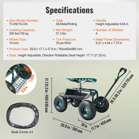 Specifications of Green Garden Cart Rolling Workseat With Wheels 360 Degree Swivel Gardening Stool and dimensions overview.