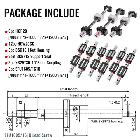 Built Tough 20MM Square Linear Guide Rail Kit With SFU Ball Screw And Solid Bearing Supports For Smooth CNC Builds And 3D Print Mods package contents and dimensions diagram.