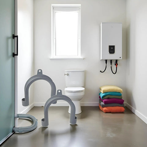 U Shape Drain Hose Holder For Washer And Dishwasher 2 Pack Gray Plastic Wall Mount Bracket in a modern bathroom setting.