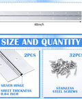 Two Pack 48 Inch Continuous Piano Hinges Heavy Duty Stainless Steel Smooth Polished Folding Hinge With 0.04 Inch Leaf Thickness And 2 Inch Open Width For Cabinet Doors Includes 80 Screws For Quick Secure Mounting shown with size and quantity details.
