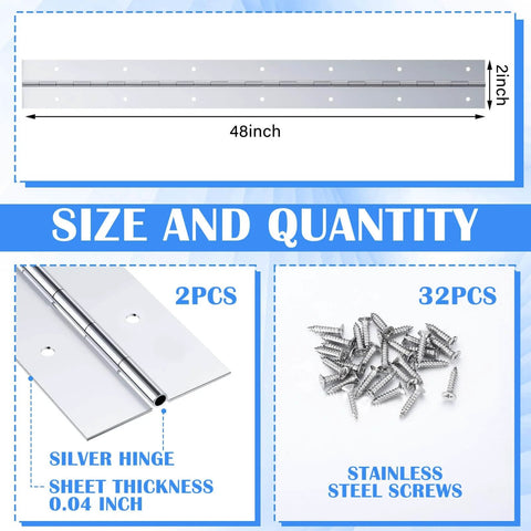 Two Pack 48 Inch Continuous Piano Hinges Heavy Duty Stainless Steel Smooth Polished Folding Hinge With 0.04 Inch Leaf Thickness And 2 Inch Open Width For Cabinet Doors Includes 80 Screws For Quick Secure Mounting shown with size and quantity details.